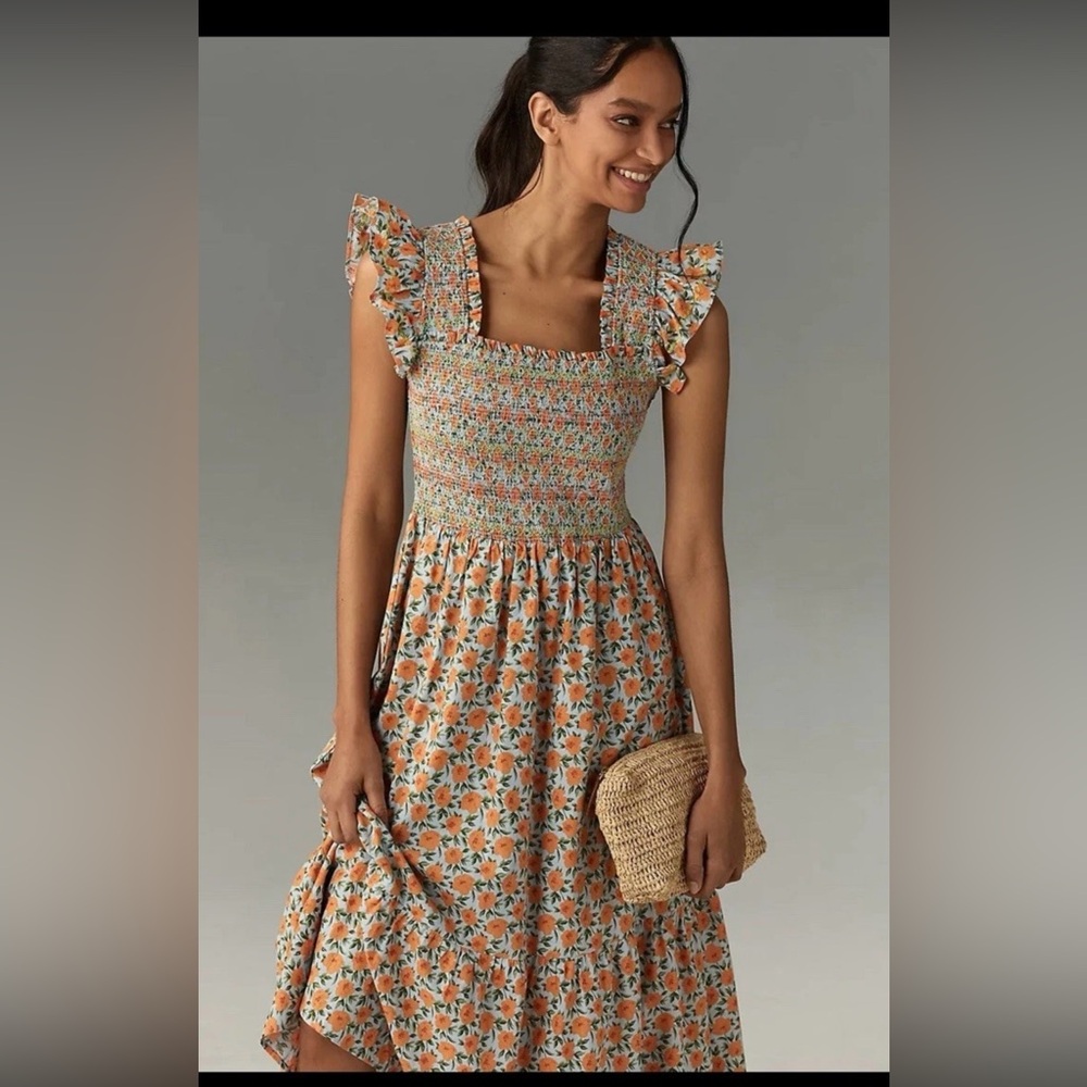 NWT English FactorySleevelessEmbroidered Smocked Midi Floral Dress Boho Vacay XS